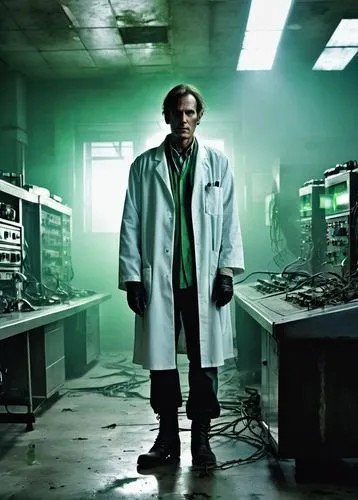 undead zombie, artificial intelligence, cyborg, green glow eyes, metallic limbs, torn lab coat, ripped jeans, black boots, abandoned laboratory, broken equipment, shattered test tubes, eerie lighting,