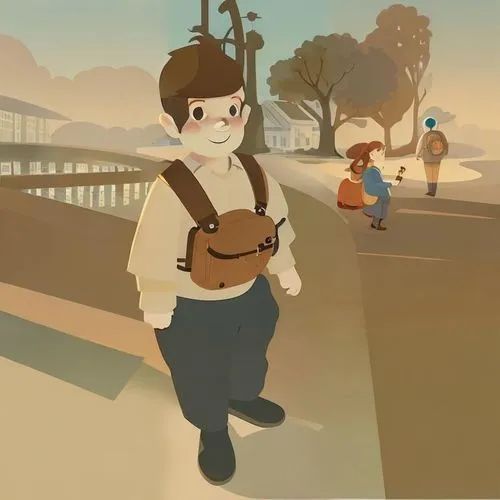 a painting of people walking down a city sidewalk,newsboy,evacuee,layton,camera illustration,walking man,game illustration,Game&Anime,Doodle,Fairy Tales