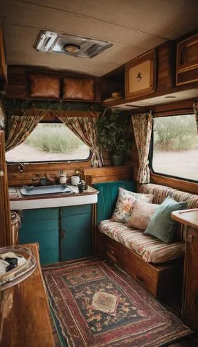 Retro-style camper van, cozy interior, wooden paneling, vintage curtains, floral patterned upholstery, plush cushions, antique metal lantern, warm beige carpet, distressed leather seats, classic radio