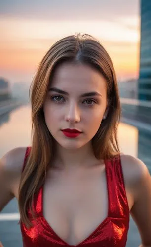 a portrait half body of caucasian girl 22 years old, brown hair, brown eyes, red lips, wearing a red dress stand up in a street of Madrid City close to metro station at sunset in a rainy day in4k,a wo