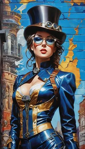 ((Linda mulher com óculos e chapeu steampunk num lindo lugar numa pose sensual, pintada num mural de um prédio)). Sunset and lightning This transformation is captured in high-definition. depicting sur