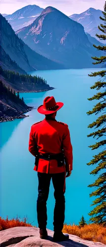 Maple leaf flag, Canadian mountie, red serge tunic, Stetson hat, boots, scenic landscape, majestic mountains, turquoise lake, pine trees, rocky shoreline, morning mist, warm sunlight, panoramic view, 