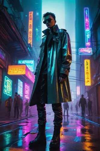 Cyberpunk cityscape, neon lights reflecting off wet asphalt, futuristic skyscrapers, towering holographic advertisements, rainy night, misty atmosphere, lonely figure in trench coat, leather jacket, s