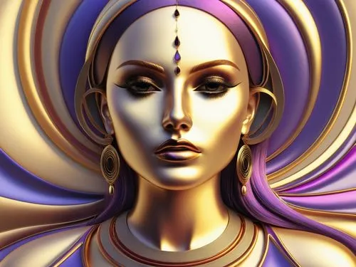 a woman's face and face is designed with gold and purple colors,estess,priestess,kundalini,qabalah,wadjet,art deco woman,Illustration,Realistic Fantasy,Realistic Fantasy 45