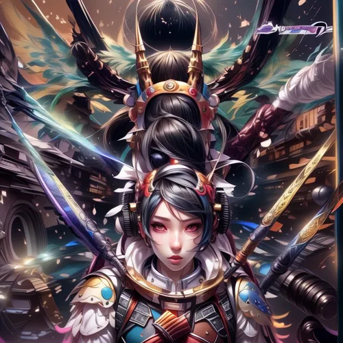 yi sun sin,hwachae,xizhi,xiaochi,dragon li,mulan,amano,wuchang,goki,bianzhong,game illustration,female warrior,chinese art,xun,yuanyang,taiwanese opera,zui quan,katana,xiangwei,geisha