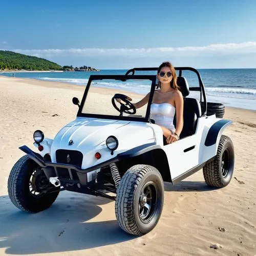 A young woman wearing a white strapless shirt and legging in a beach buggy at the beach,beach buggy,jeep wrangler,compact sport utility vehicle,all-terrain vehicle,electric golf cart,all-terrain,quad 