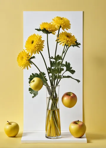 Stillleben mit gelben Chrysanthemen und Äpfeln. | Still life with yellow chrysanthemums and apples.,sunflowers in vase,yellow chrysanthemums,flowers png,yellow chrysanthemum,glass vase,floral silhouet