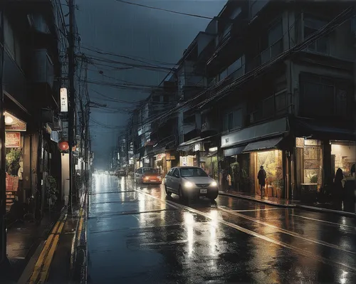 Imagine a bustling city street during a rainstorm, and a ray of light breaking through the dark clouds, bringing hope and beauty.,busan night scene,night scene,motomachi,kowloon city,light rain,rainy,