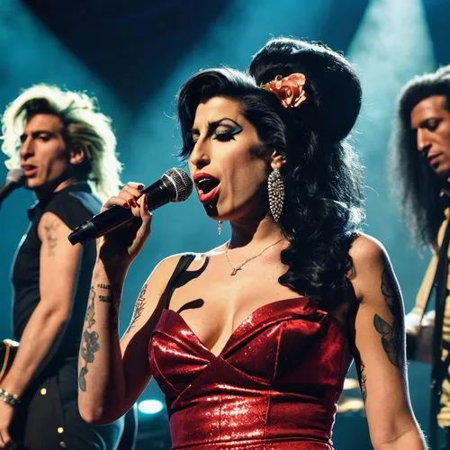 Long shot of Amy Winehouse on stage singing with her band and two backup singers,playback,rockabella,tour to the sirens,cabaret,queen,samba deluxe,hard candy,queen bee,mercury,trinity,lady rocks,prett