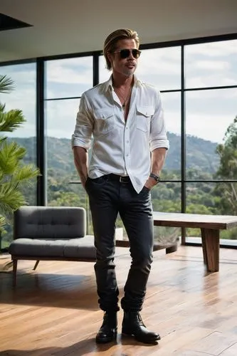 Brad Pitt, mature man, Hollywood star, casual pose, leaning against, hand in pocket, messy blond hair, aviator sunglasses, white shirt, rolled up sleeves, dark jeans, black boots, standing, luxury vil