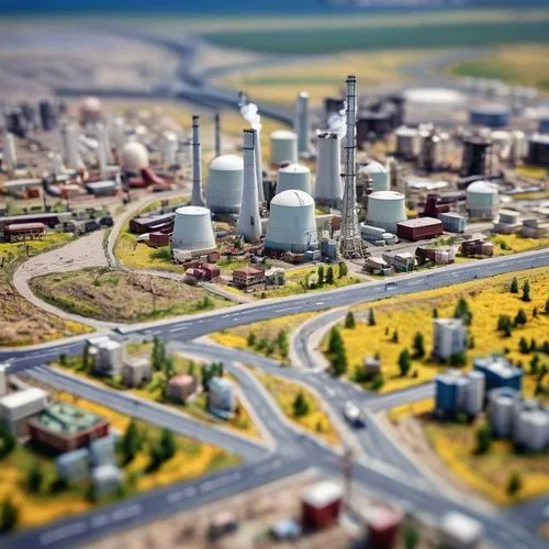 mini city,tilt shift,industrial area,industrial landscape,nuclear power plant,lignite power plant,industrial plant,refinery,factories,industries,thermal power plant,power plant,coal fired power plant,