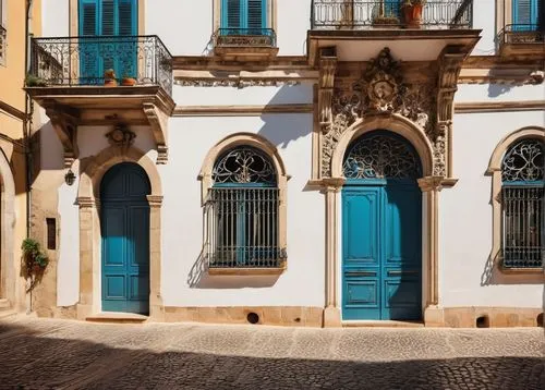 Portuguese architecture, white washed walls, ornate tiles, Manueline style, grand entrance, Baroque decorations, intricate stone carvings, stained glass windows, colorful azulejos, rustic wooden doors