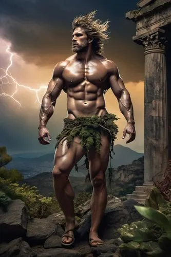 Titan, strong muscular man, condemned, holding up the sky, exhausted facial expression, sweat dripping down, messy hair, torn clothing, worn-out sandals, rugged skin tone, intense eyes, dramatic light