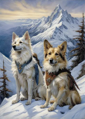 corgis,huskies,landseer,three dogs,german shepards,icelandic sheepdog,mountaineers,color dogs,carpathian shepherd dog,hunting dogs,formosan mountain dog,two wolves,dog sled,two dogs,winter animals,canidae,oil painting on canvas,wolves,canadian eskimo dog,sled dog,Illustration,Realistic Fantasy,Realistic Fantasy 14