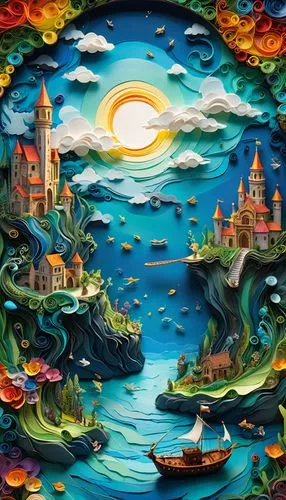 3d fantasy,sea fantasy,fantasy art,jigsaw puzzle,fantasy landscape,fantasy city,underwater landscape,fantasy picture,fantasy world,boat landscape,mushroom landscape,sea landscape,fractals art,children's background,dream world,atlantis,ocean paradise,mermaid background,under the sea,surrealism,Illustration,Paper based,Paper Based 04