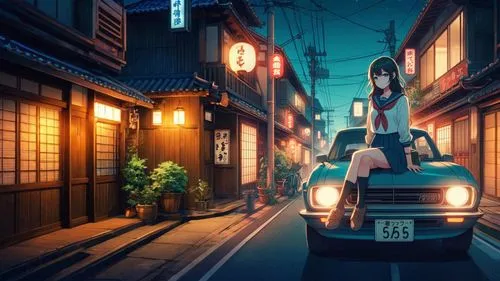 a japanese city street at night in a vintage anime style,kyoto,girl and car,japanese background,anime japanese clothing,azusa nakano k-on,izakaya,anime 3d,tokyo,tokyo city,tokyo ¡¡,mikuru asahina,stre