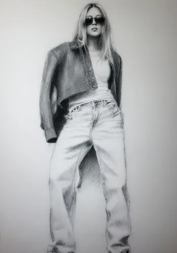 墨镜,a drawing of a woman in jeans and a jeanie jacket,cobain,prerogative,fergie,anastacia,whigfield,paltrow,Illustration,Black and White,Black and White 35