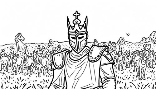 a man wearing a knight's suit standing on grass next to horses,akhnaten,sutekh,bilibin,sceptres,hierophant,cleric,Design Sketch,Design Sketch,Rough Outline