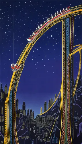 tiger and turtle,high-speed rail,ski jump,roller coaster,amusement ride,sky train,ski jumping,amusement park,passenger traffic,jacob's ladder,long-distance transport,the transportation system,elves flight,galaxy express,looping,skyway,conveyor belt,the loop,high-speed train,elevated railway,Illustration,Retro,Retro 26