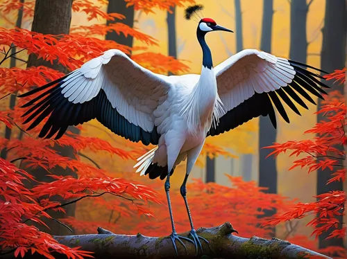 Imagine a breathtaking painting of a red-crowned crane in a vibrant autumn forest.,red-crowned crane,eastern crowned crane,gray crowned crane,grey crowned crane,white-naped crane,fujian white crane,cr