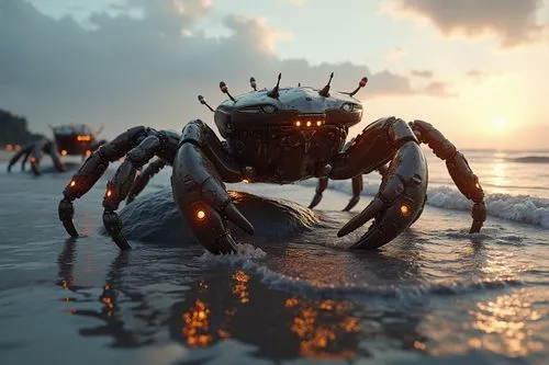 several mecha kamtschatka king crabs, made of polished steel and glass, sci-fi, sitting on a rock, just below the water linie, coming out of the water on to the shore, attacking the people at the beac