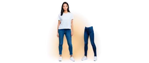 ?, mysterious, questioning expression, single eyebrow raised, black hair, simple makeup, white shirt, blue jeans, sneakers, casual standing pose, soft focus, natural lighting, shallow depth of field, 