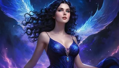 blue enchantress,fantasy art,fairy queen,fantasy picture,faerie,sirene,faery,fantasy woman,seraphim,dark angel,evil fairy,sigyn,hecate,angel wings,queen of the night,archangel,angel girl,sorceress,saphira,mervat,Illustration,Realistic Fantasy,Realistic Fantasy 01