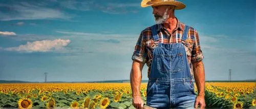 Rural landscape, agricultural scene, mature farmer, worn denim overalls, plaid flannel shirt, straw hat, weathered skin, rugged hands, holding a rusty metal tool, standing amidst lush green crops, sun