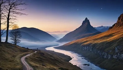 The scene opens with a vast, sweeping landscape where the days are long and the nights cold. A lone traveler is seen standing at the edge of a swiftly flowing river, its waters reflecting the pale lig