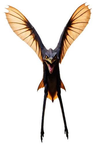 Pterodactyl, wings spread wide, flying, nocturnal, prehistoric creature, scaly skin, sharp teeth, glowing eyes, ancient fossil, dark background, dramatic lighting, 3/4 composition, high contrast, cine