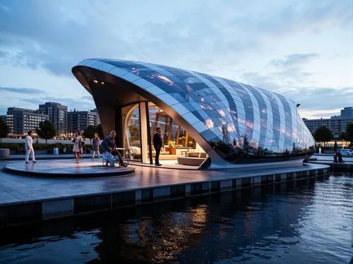 Waterfront location, futuristic boathouse, sleek metallic facade, curved lines, angular shapes, reflective glass surfaces, neon lights, vibrant colors, dynamic patterns, modern minimalist design, sust