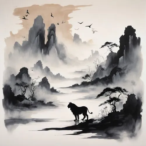 chinese art,fantasy landscape,animal silhouettes,black landscape,swampy landscape,foggy landscape,desert landscape,yi sun sin,chinese clouds,dog illustration,high landscape,world digital painting,landscape background,chinese background,huashan,wuchang,xing yi quan,karst landscape,oriental painting,an island far away landscape,Conceptual Art,Fantasy,Fantasy 01