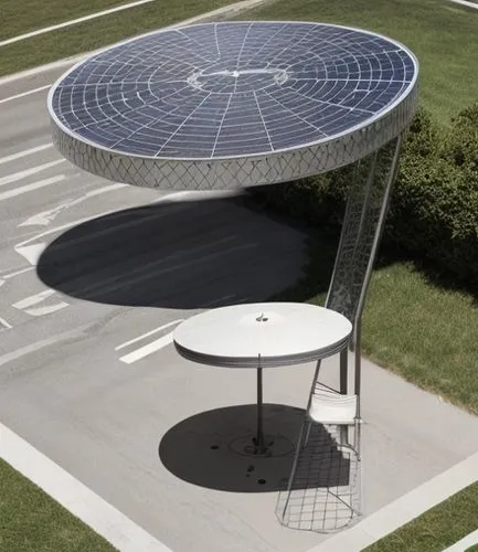 This sketch is a shade tent installed next to a crosswalk. The top disk is a solar panel that absorbs solar energy and can store rainwater to emit cold air as water vapor. The cylinder underneath is a