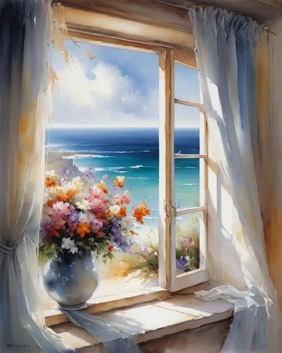 window with sea view,window curtain,open window,bedroom window,window covering,window,window seat,window view,window treatment,window to the world,french windows,the window,landscape with sea,window sill,sea landscape,window front,window with shutters,windowsill,ocean view,bay window,Conceptual Art,Oil color,Oil Color 03