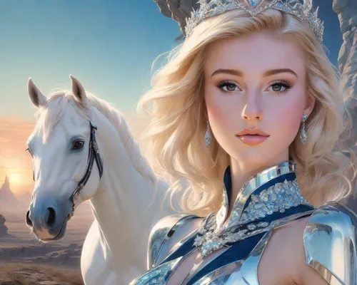 blonde, beautiful, fantasy picture of an elegant super feminine princess in an alien countryside with her white horse, glass and metallic chrome dress, bejewelled tiara, detailed painting, organic, na