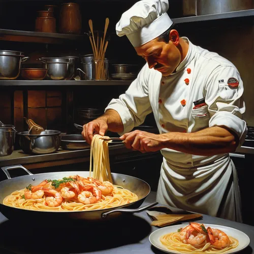 Write a suspenseful scene where a chef prepares fettuccine with shrimp.,fettuccine and shrimp,shrimp risotto,shrimp pasta,seafood pasta,asian cuisine,italian cuisine,fresh pasta,baked shrimp with glas