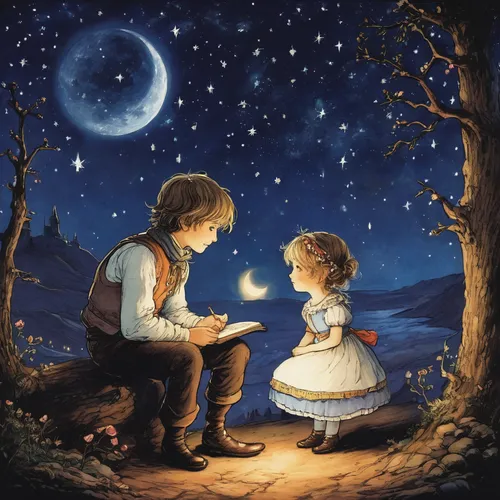 children's fairy tale,a fairy tale,fairy tale,fairytale,fairytales,little boy and girl,fairy tales,romantic scene,the moon and the stars,fairy tale character,girl and boy outdoor,romantic night,magical moment,children's background,fairytale characters,a collection of short stories for children,dream world,little girl fairy,love letter,kate greenaway,Art,Classical Oil Painting,Classical Oil Painting 39