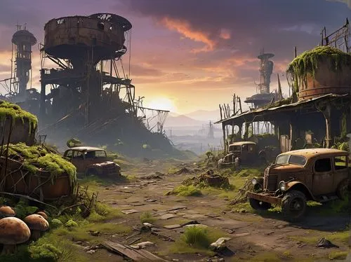 Map of Pandora, Borderlands, futuristic sci-fi landscape, worn-out terrain, abandoned ruins, rusty metal scrap, toxic waste barrels, broken machinery, overgrown with vines and moss, eerie glowing mush