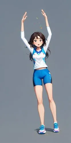 Chica morena (origen Guatemalteca) vestimenta: licra corta azul muy tallada, blusa blanca y zapato para correr). Brazos arriba y rostro denotando confución.,Girl wining,yanmei,mmd,gioeli,3d figure,3d 