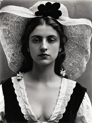 Black and white portrait of a woman,a woman with large , wearing a hat and black dress,ethel barrymore - female,vintage female portrait,edwardian,victorian lady,schierstein,kahlo,Photography,Black and