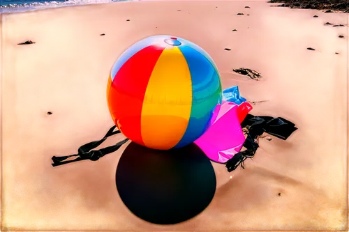 Colorful beach ball, inflated, shiny surface, reflective, lying on sandy ground, slight shadow, summer vibes, warm sunlight, 3/4 composition, low angle shot, soft focus, vibrant colors, realistic text