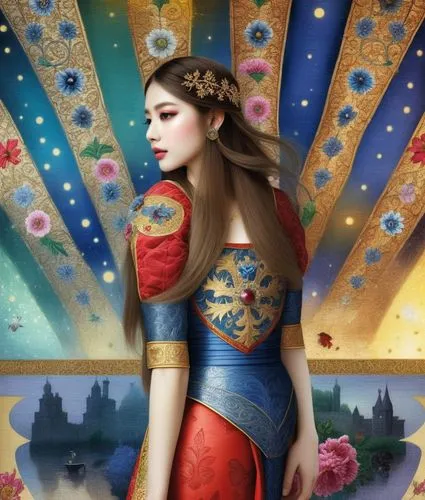 the painting shows a woman dressed in traditional chinese costume,dixit,oriental princess,oriental painting,nihang,amidala,geiko,Illustration,Realistic Fantasy,Realistic Fantasy 42