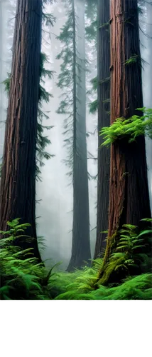 Redwood forest wallpaper, vertical composition, dense foliage, tall trees, misty atmosphere, soft warm lighting, morning dew, intricate branch details, vibrant green leaves, massive trunks, natural te