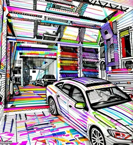 將素描圖轉換成全彩色圖片,3d car wallpaper,digiart,car salon,pop art effect,pop art background,car showroom,effect pop art,glitch art,kaleidoscope website,pop art colors,colorful facade,psychedelic art,store front