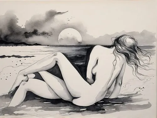 ink painting,ondine,girl on the dune,piddling,naiad,on the shore,washes,bather,selkie,charcoal drawing,beachgoer,sirene,tusche indian ink,amphitrite,seashore,black sand,beachcombing,seascape,aquarelle,watercolor mermaid,Illustration,Paper based,Paper Based 30