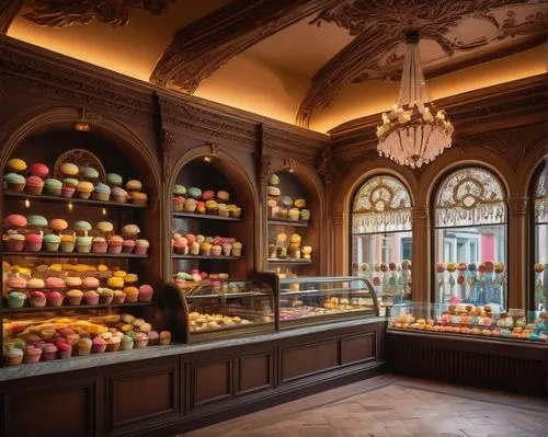 Cupcake shop, French Renaissance style building, ornate details, grand entrance, arched windows, Victorian-era inspired interior, luxurious chandeliers, marble countertops, velvet drapes, intricately 