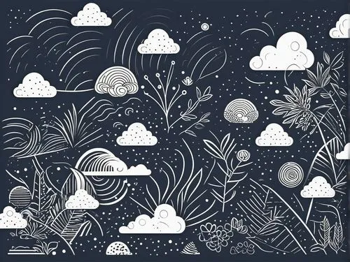 black and white cartoon sky with clouds, clouds and plants,background pattern,background vector,seamless pattern,chalkboard background,fairy tale icons,unicorn background,Illustration,Black and White,