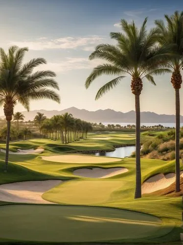 Luxurious golf course, American style, sunny day, blue sky with few white clouds, rolling hills, green grass, sand traps, water hazards, golfers in polo shirts and khaki pants, golf bags and clubs, go