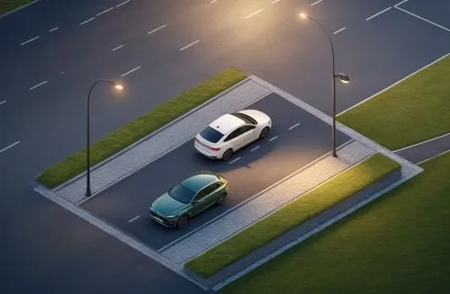 realizar prender tipo axonometría con texturas de asfalto  en la vía, adoquín en andenes y césped en lo que está verde, dejar los dos vehículos insertarles luz en farolas, igual que en las luminarias 