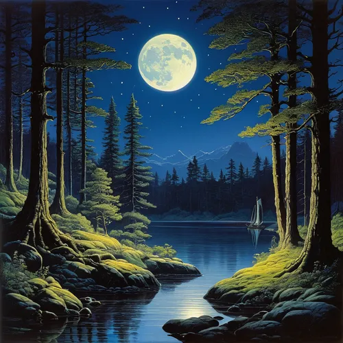 moonlit night,blue moon,forest landscape,moonlit,night scene,moon night,full moon,lunar landscape,moonlight,landscape background,moonrise,moonscape,the night of kupala,forest background,temperate coniferous forest,spruce forest,river landscape,moon at night,nature landscape,big moon,Illustration,Retro,Retro 19